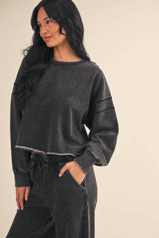 Denim Wash Cutout Back Layering Fleece-Lined Sweatshirt: Charcoal Denim / L