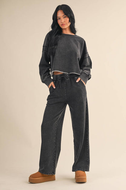 Denim Wash Cutout Back Layering Fleece-Lined Sweatshirt: Charcoal Denim / L