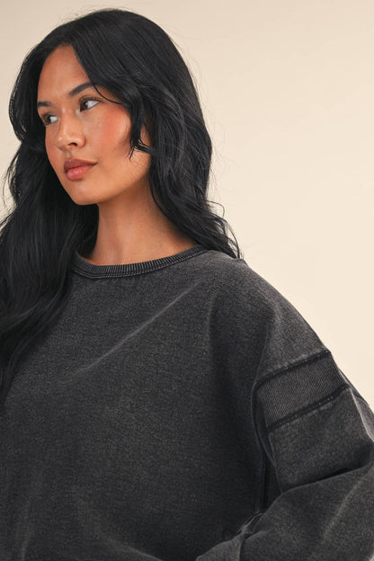 Denim Wash Cutout Back Layering Fleece-Lined Sweatshirt: Charcoal Denim / L