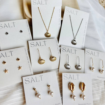 COWRIE SHELL PEARL EARRINGS | Swarovski pearls | 18k gold
