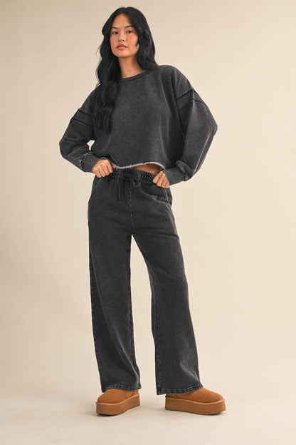 Denim Wash Cutout Back Layering Fleece-Lined Sweatshirt: Charcoal Denim / S