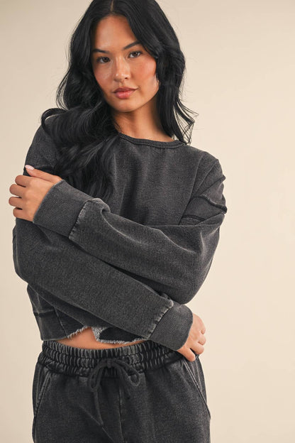 Denim Wash Cutout Back Layering Fleece-Lined Sweatshirt: Charcoal Denim / M