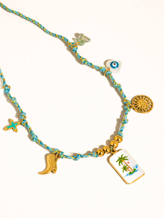 Pêche 18K Gold Non-Tarnish Vintage Charm Rope Necklace: Green