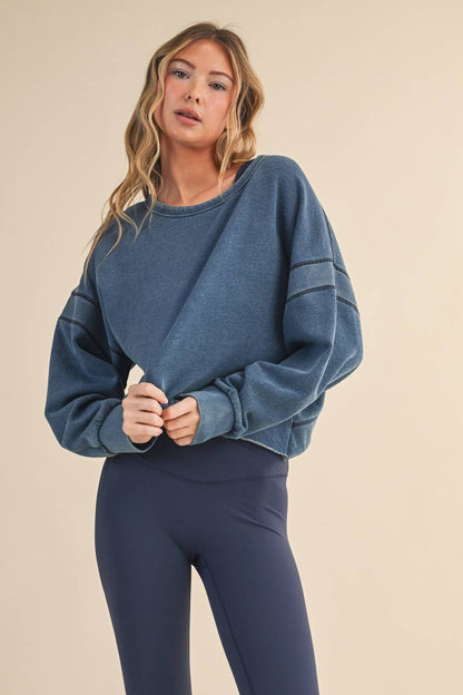 Denim Wash Cutout Back Layering Fleece-Lined Sweatshirt: Charcoal Denim / L