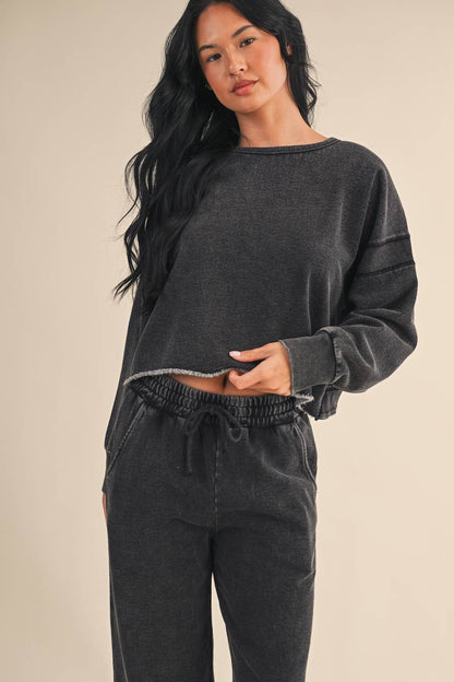 Denim Wash Cutout Back Layering Fleece-Lined Sweatshirt: Charcoal Denim / L
